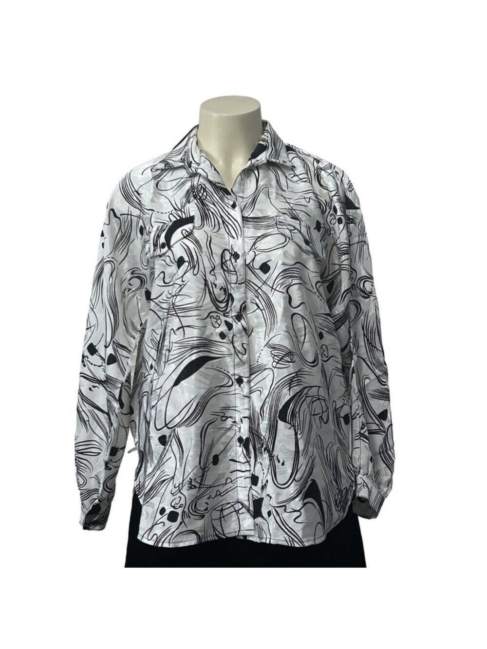 Vintage CoCo Abstract Satin Button Down Blouse White Black 2X-3X